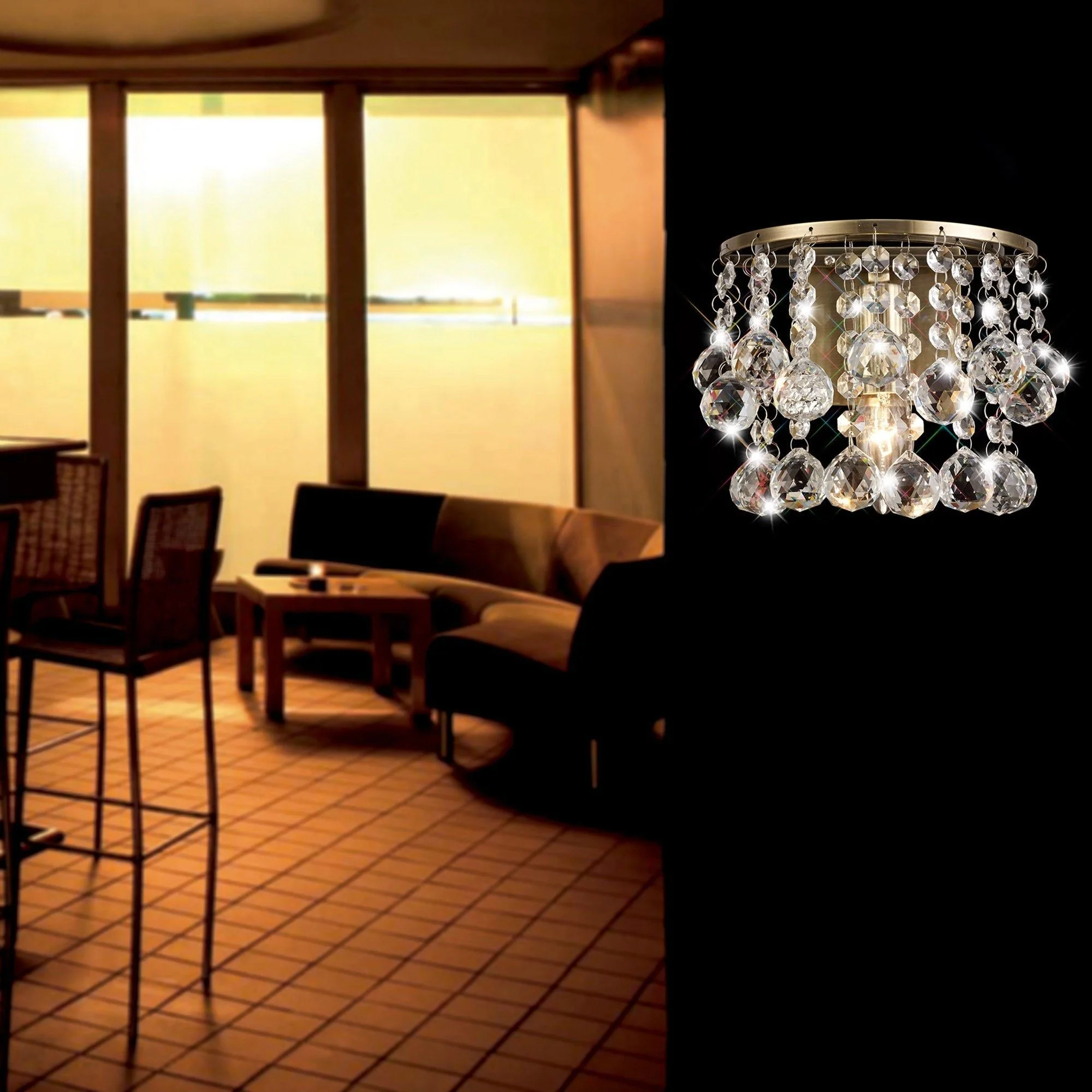 Acton Flush Ceiling 4 Light E14, 380mm Round, Polished Chrome, Antique Brass/Sphere Crystal - Image 7