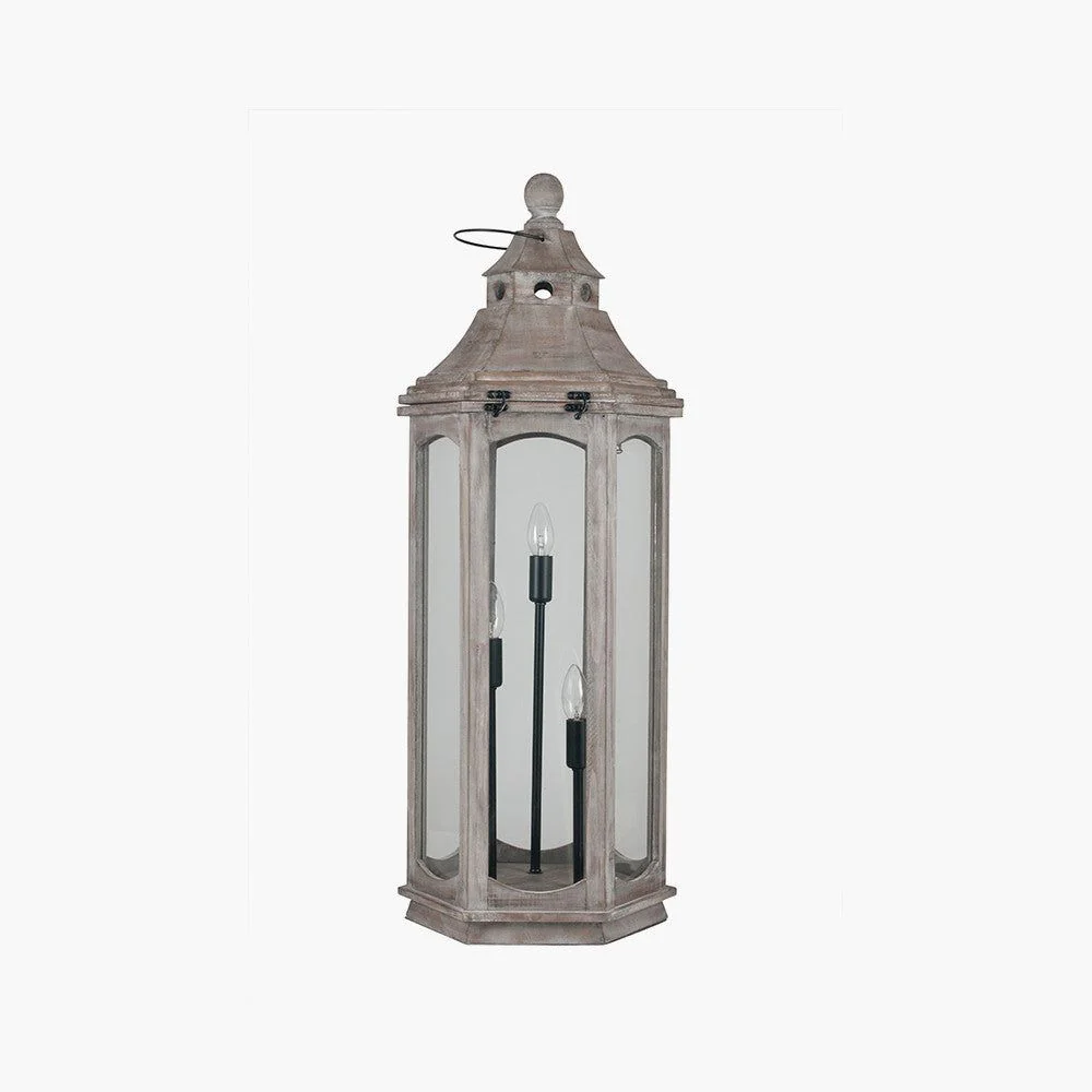 Adaline Antique Wood Lantern Table Lamp- Grey / White Wash - Image 2