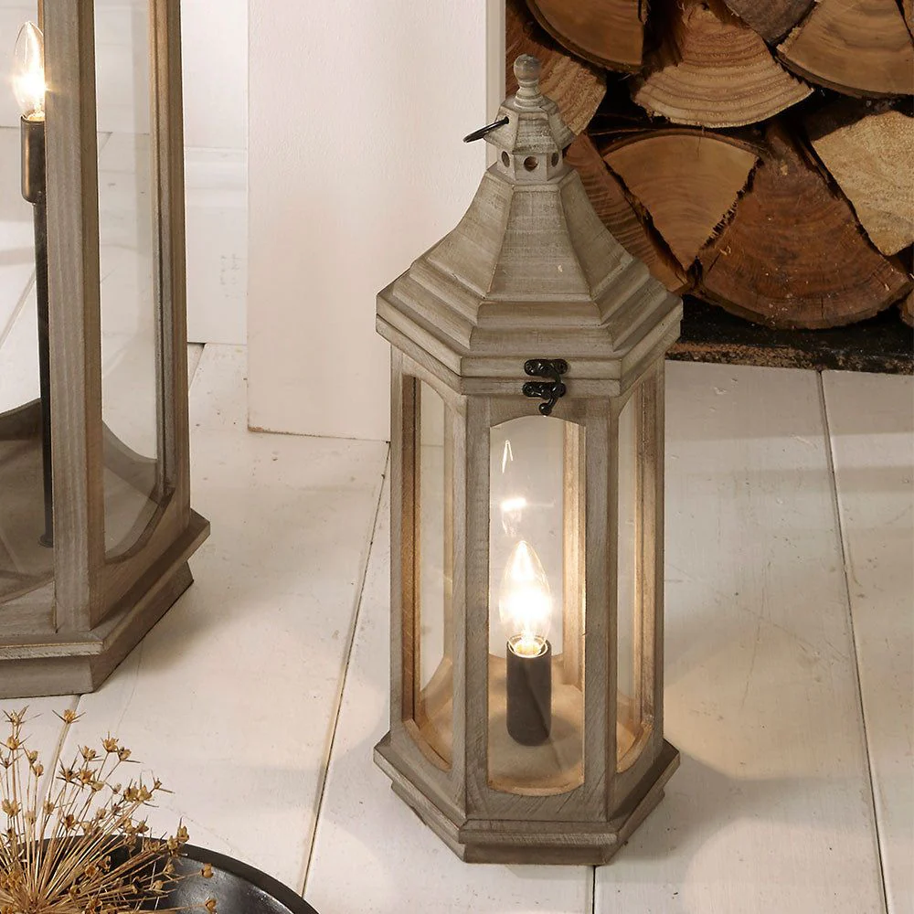 Adaline Antique Wood Lantern Table Lamp- Grey / White Wash - Image 4