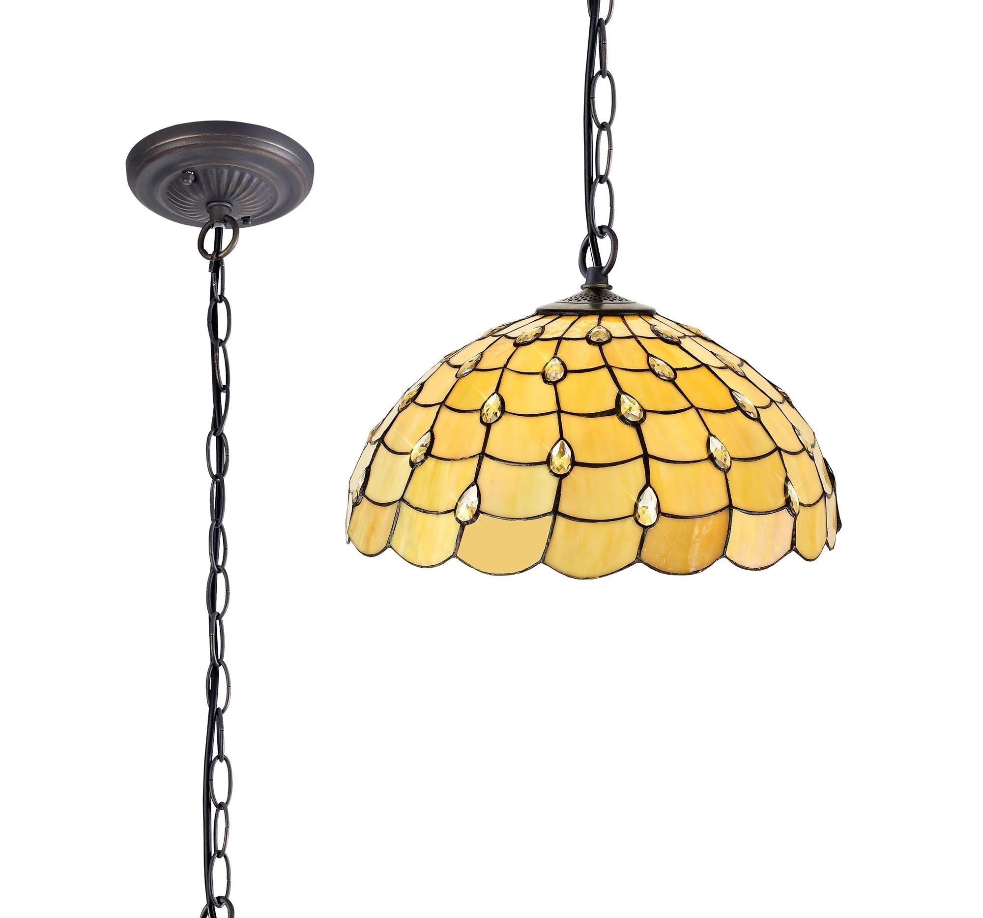 Aero 1 Light Downlighter Pendant E27 With 30/40/50cm Tiffany Shade, Beige/Clear Crystal/Aged Antique Brass - Image 2
