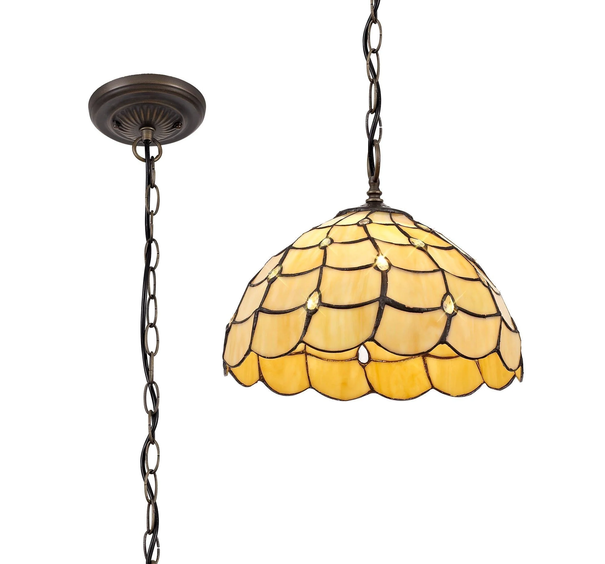 Aero 1 Light Downlighter Pendant E27 With 30/40/50cm Tiffany Shade, Beige/Clear Crystal/Aged Antique Brass - Image 3