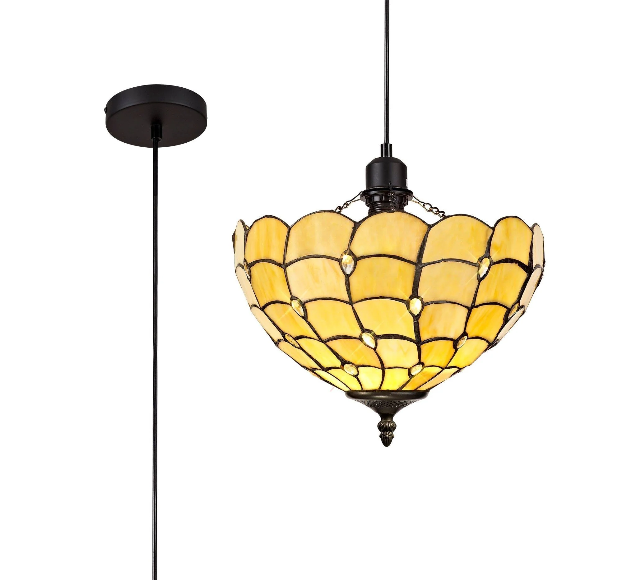 Aero 1 Light Downlighter Pendant E27 With 30/40/50cm Tiffany Shade, Beige/Clear Crystal/Aged Antique Brass - Image 4