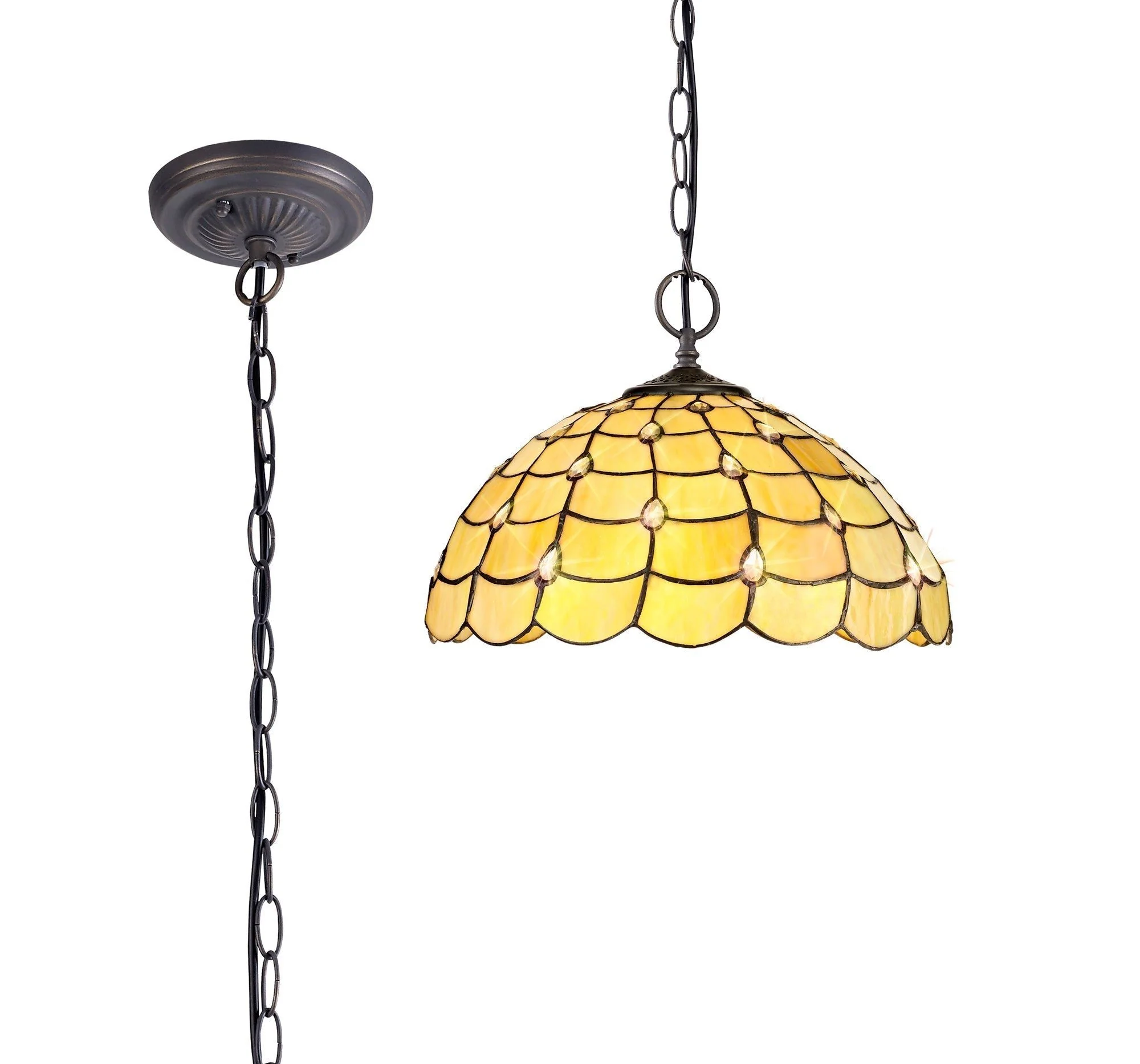 Aero 2 Light Downlighter Pendant E27 With 30cm Tiffany Shade, Beige/Clear Crystal/Aged Antique Brass - Image 2