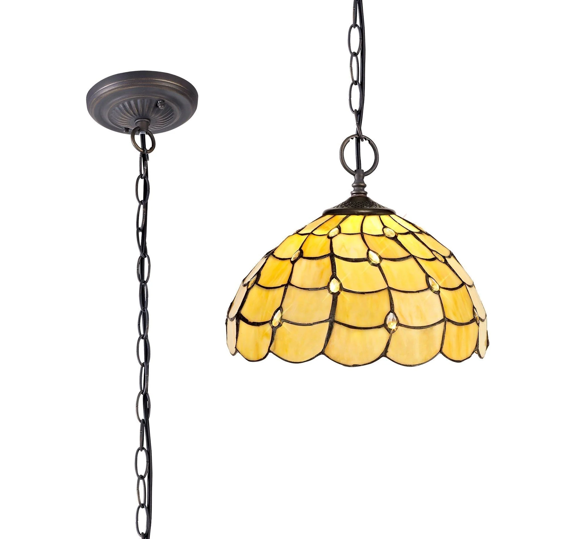 Aero 2 Light Downlighter Pendant E27 With 30cm Tiffany Shade, Beige/Clear Crystal/Aged Antique Brass - Image 3