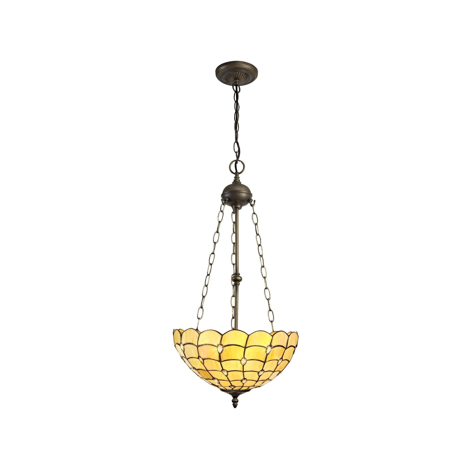 Aero 2 Light Uplighter Pendant E27 With 30cm Tiffany Shade, Beige/Clear Crystal/Aged Antique Brass - Image 4