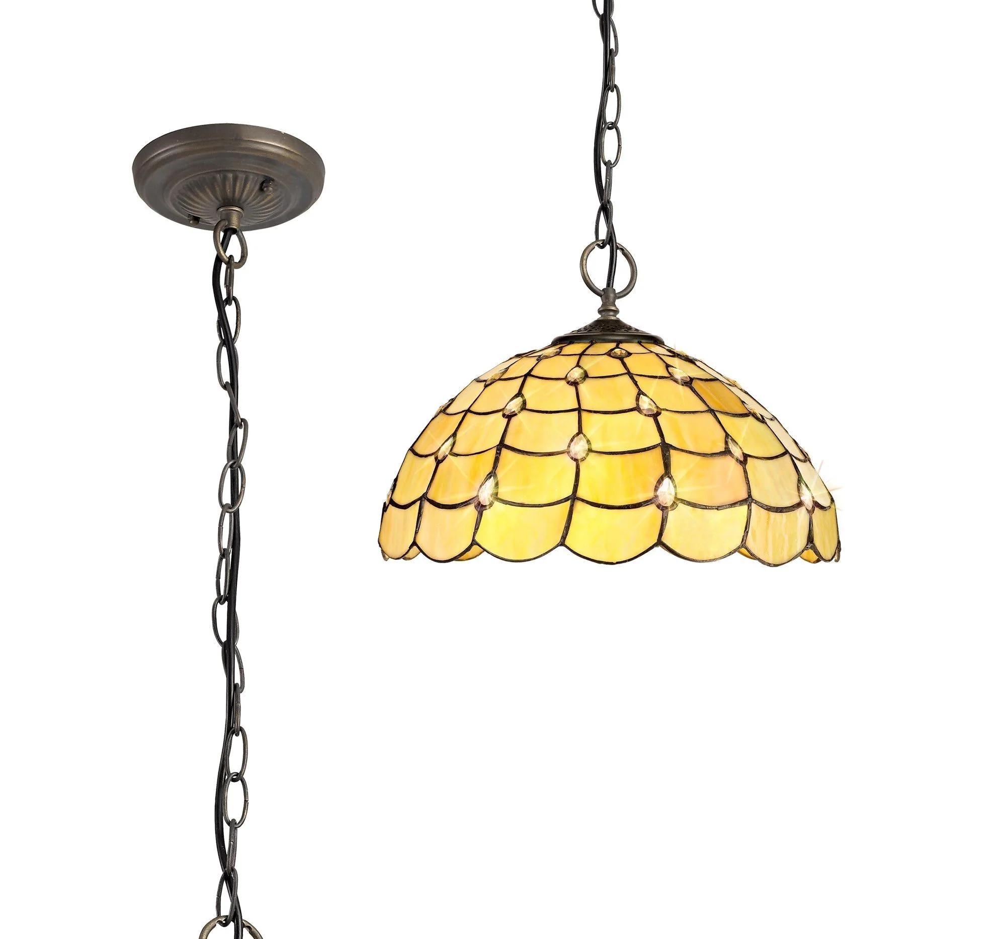 Aero 3 Light Downlighter Pendant E27 With 30cm Tiffany Shade, Beige/Clear Crystal/Aged Antique Brass - Image 2