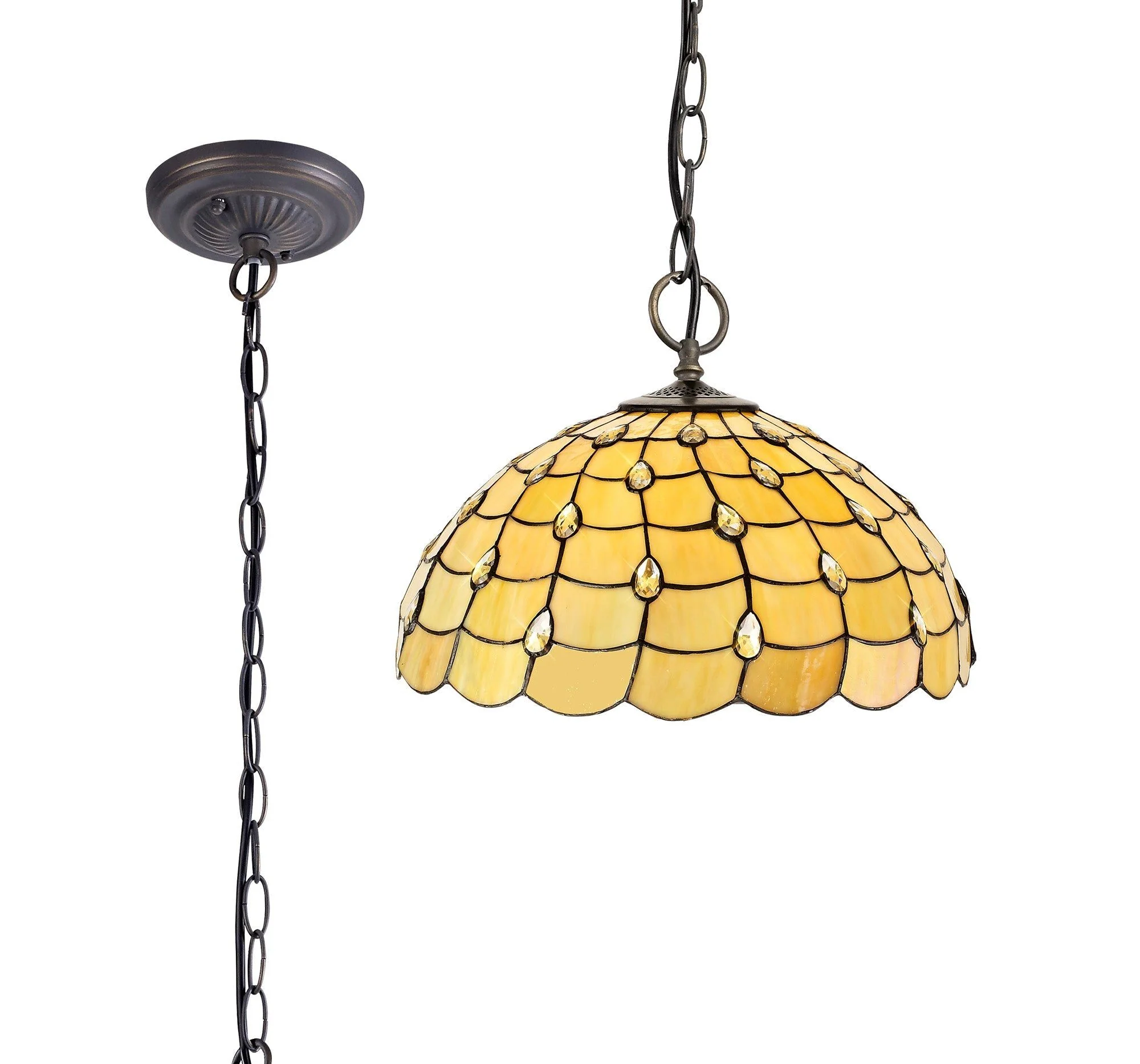 Aero 3 Light Downlighter Pendant E27 With 30cm Tiffany Shade, Beige/Clear Crystal/Aged Antique Brass - Image 3
