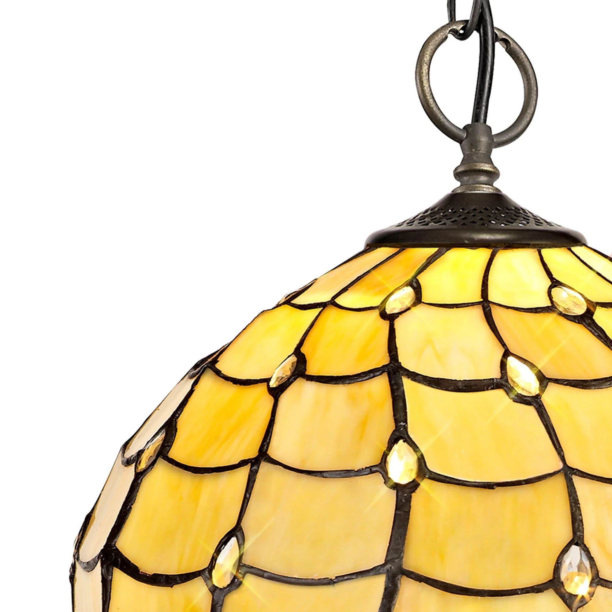 Aero 3 Light Downlighter Pendant E27 With 30cm Tiffany Shade, Beige/Clear Crystal/Aged Antique Brass - Image 4