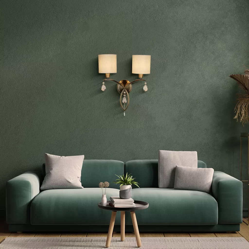 Alberto 2Lt Wall Light- Antique Brass, Crystal & Linen Shade - Image 3
