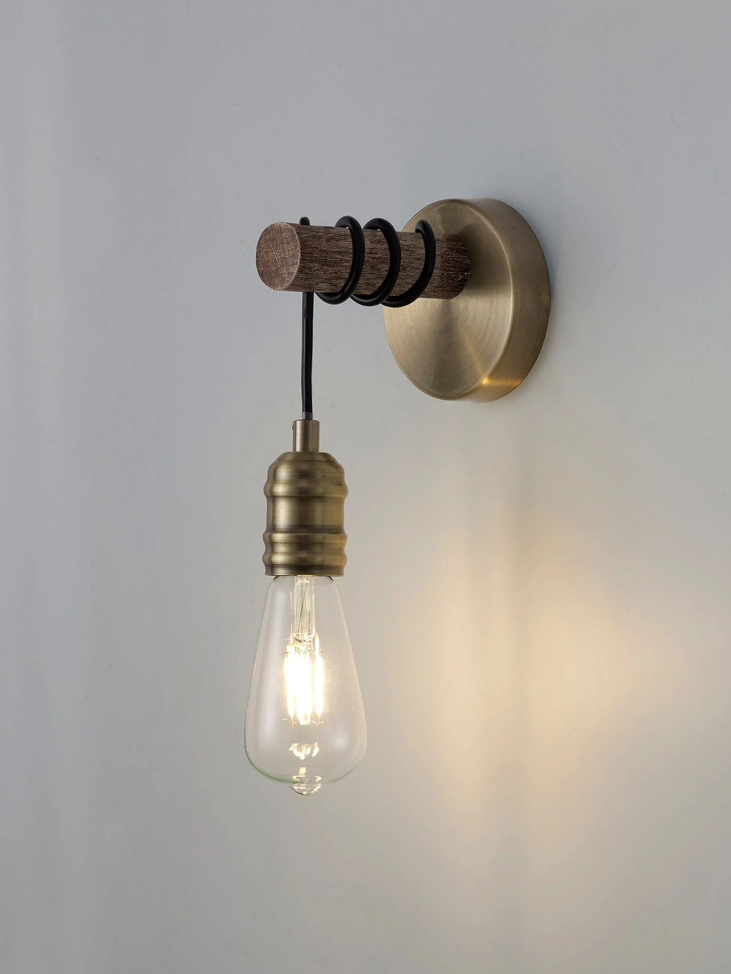 Ambover Wall Lamp, 1 x E27, Medium Oak & Antique Brass IP20 - Image 2