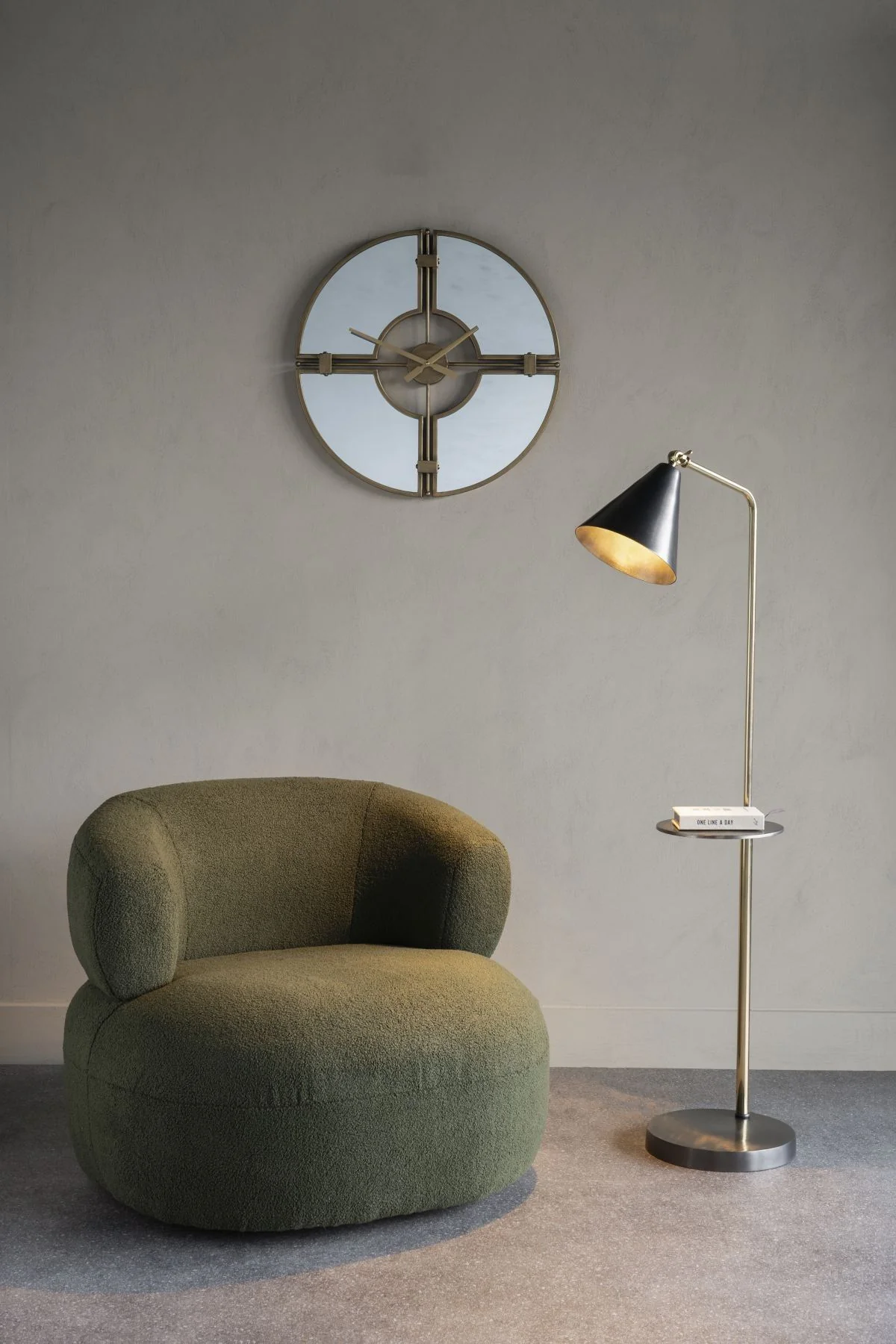Amelie Brushed Floor Lamp in Satin Grey & Brass with Table - Image 5