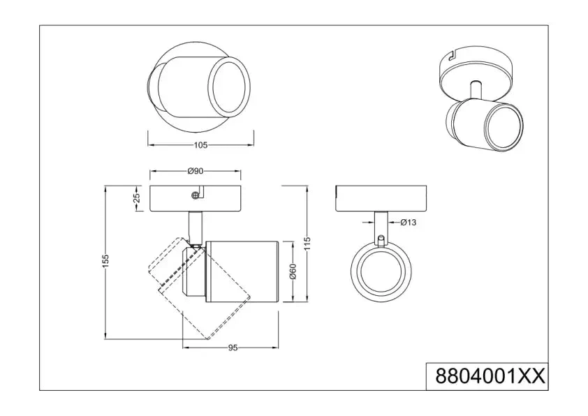 Angelo Wall/Ceiling Spotlight - Chrome/Black - Image 6