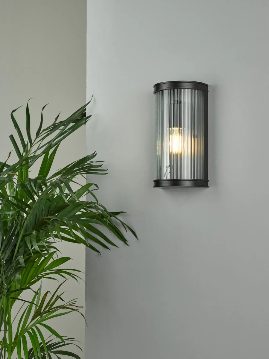 Anund Wall Light Matt Black Ribbed Glass IP44 - Image 3