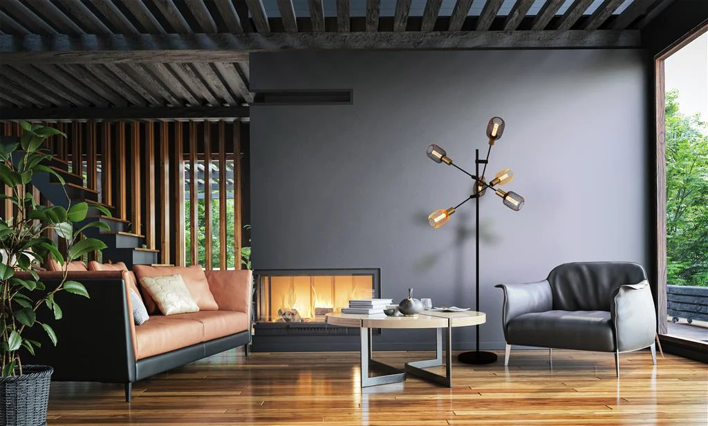 Armstrong 6Lt Floor Lamp - Black & Satin Brass Metal E27 - Image 4