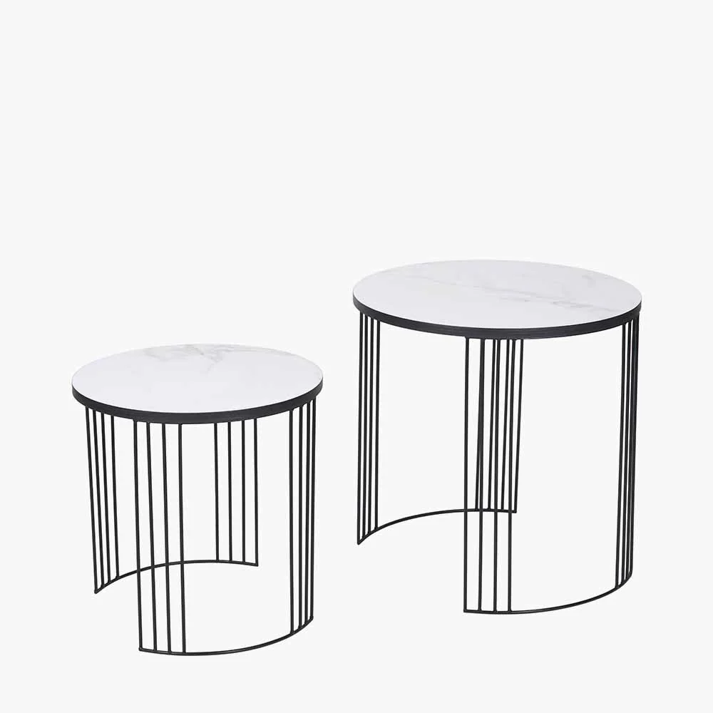 Atri Set of 2 White Marble Veneer and Black Metal Side Tables - Image 2