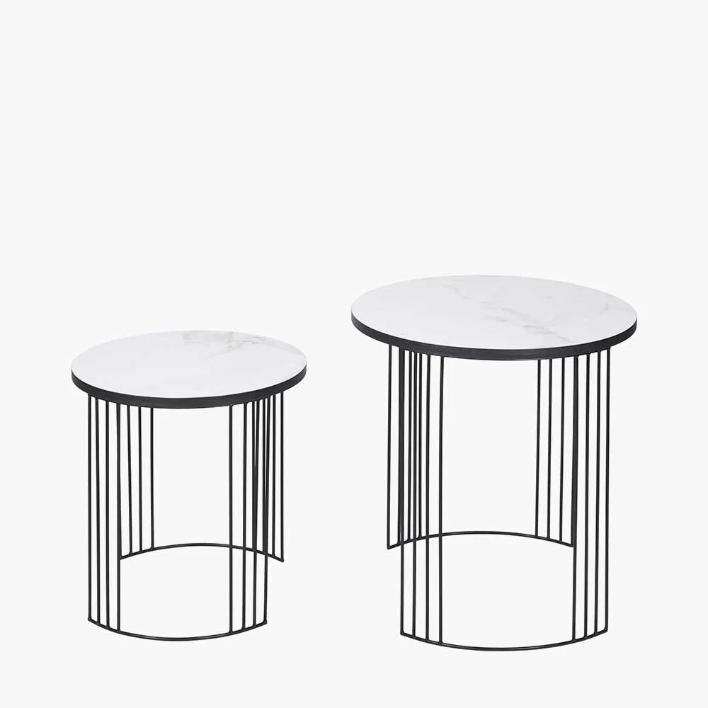 Atri Set of 2 White Marble Veneer and Black Metal Side Tables - Image 3