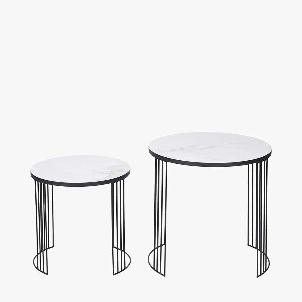 Atri Set of 2 White Marble Veneer and Black Metal Side Tables - Image 4