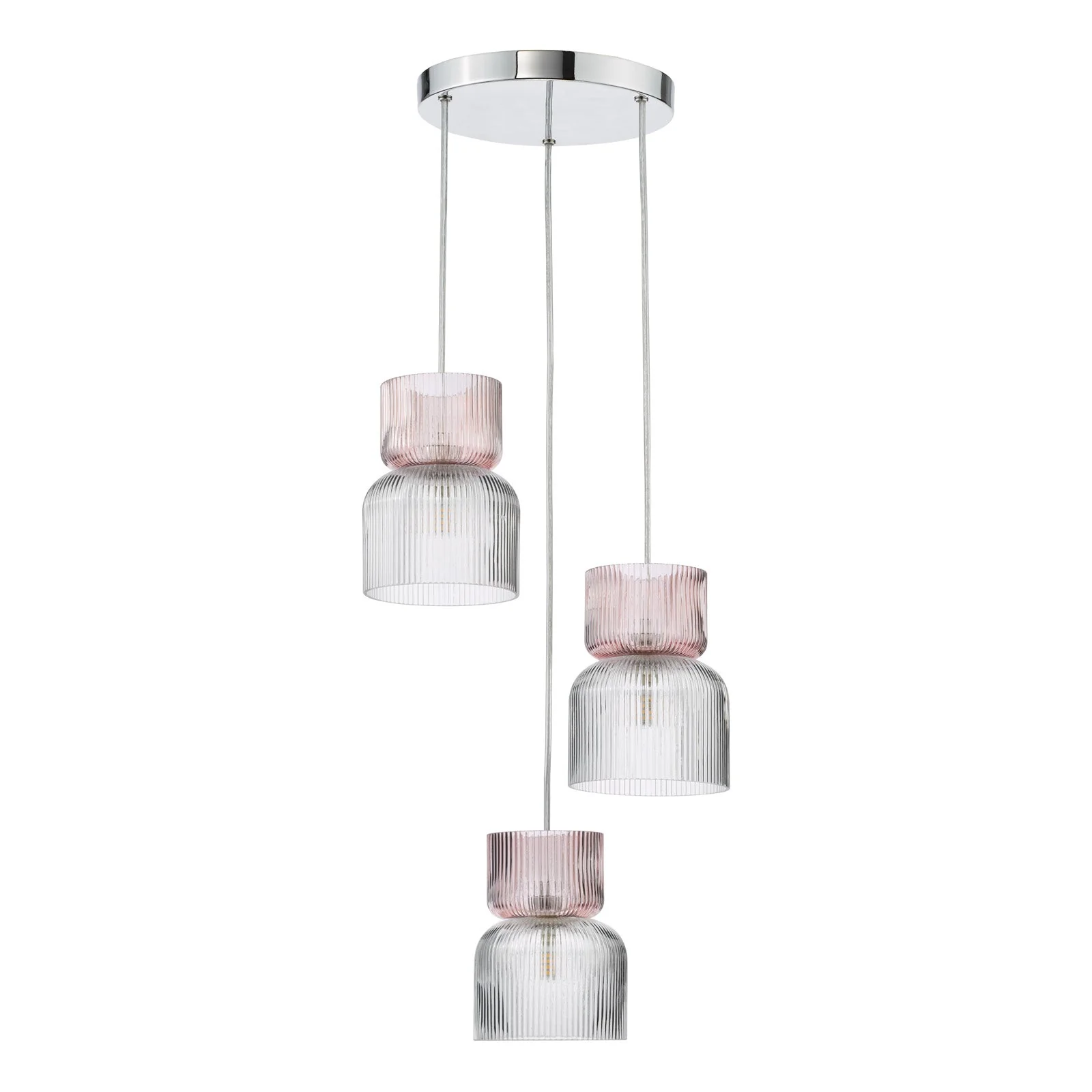 Auberta 3 Light Cluster Pendant Polished Chrome and Pink Ribbed Glass G9 - Image 2