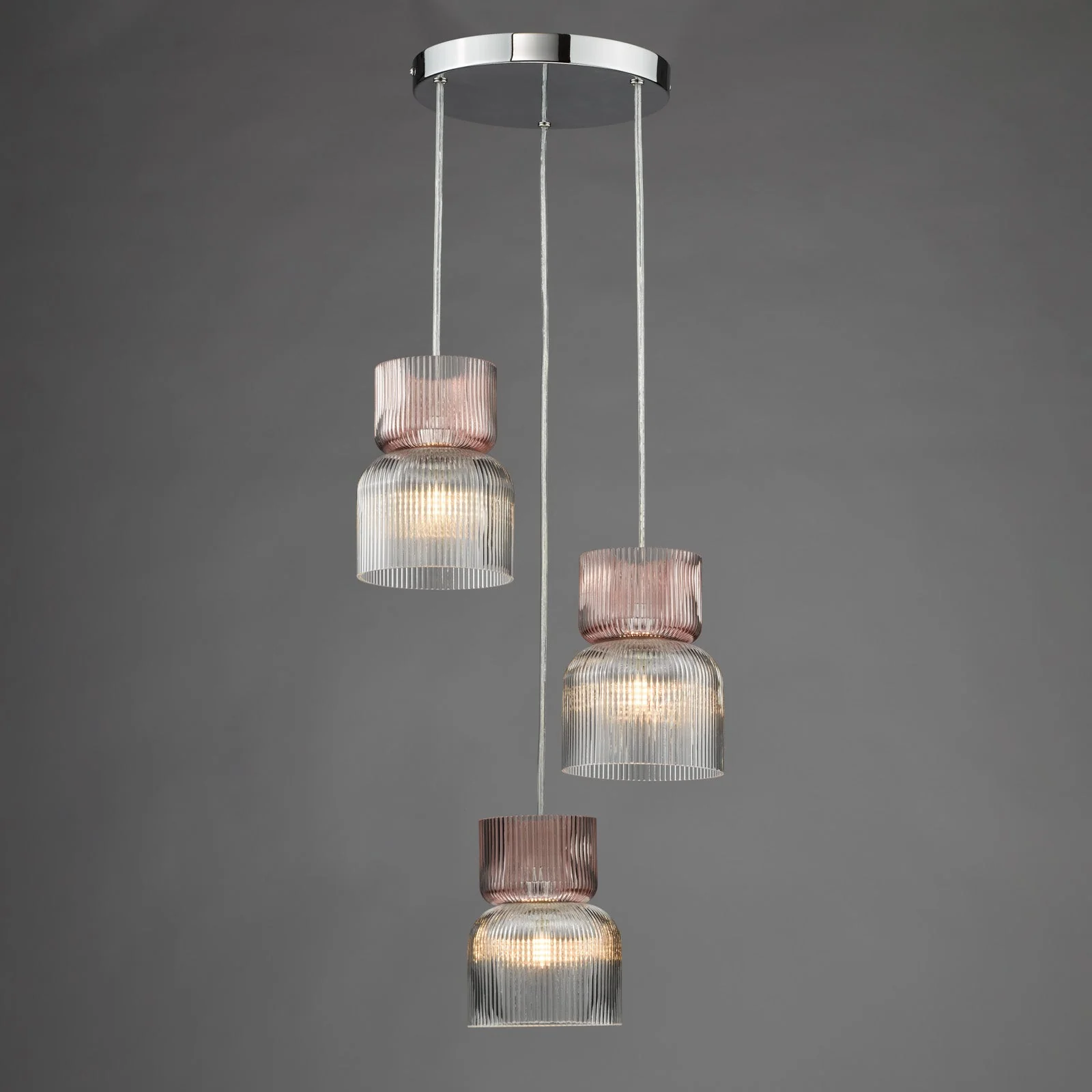 Auberta 3 Light Cluster Pendant Polished Chrome and Pink Ribbed Glass G9 - Image 5