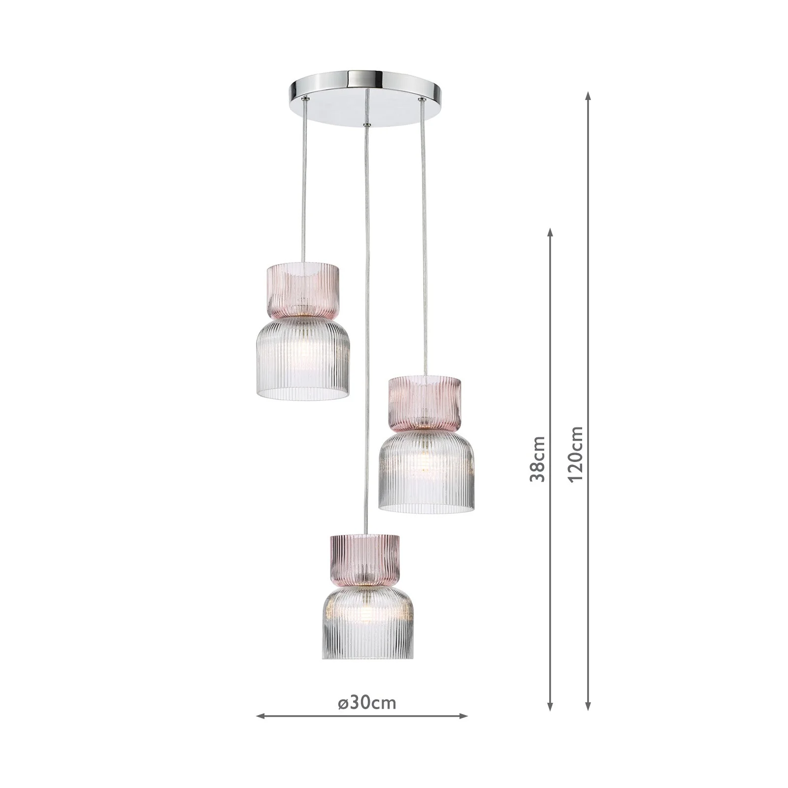 Auberta 3 Light Cluster Pendant Polished Chrome and Pink Ribbed Glass G9 - Image 6