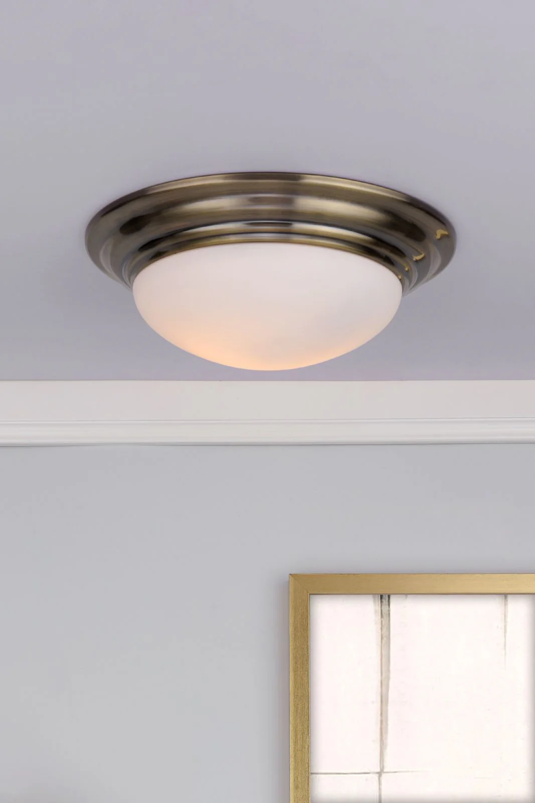 Barclay Small/Large Flush Ceiling Light - Polished Chrome/Antique Brass Opal Finish IP44 - Image 7