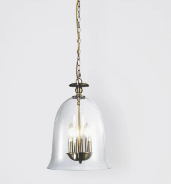 Bell 3Lt Light Clear Glass Pendant Antique Brass