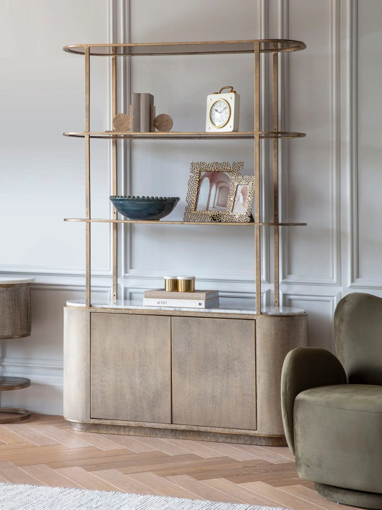 Belvedere Aged Gold Shelving Unit With Storage - Image 2