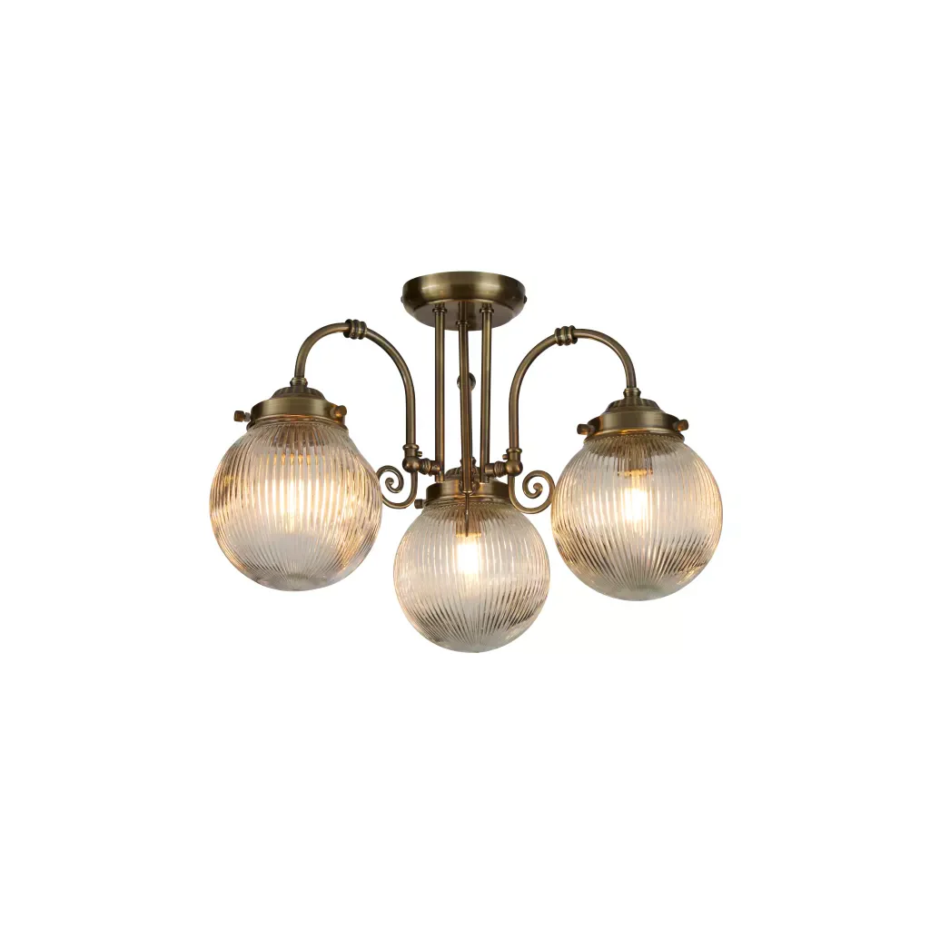 Belvue 3Lt Flush Light - Antique Brass Metal & Clear Glass