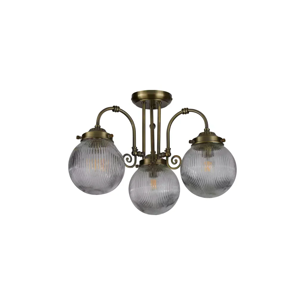 Belvue 3Lt Flush Light - Antique Brass Metal & Clear Glass - Image 2