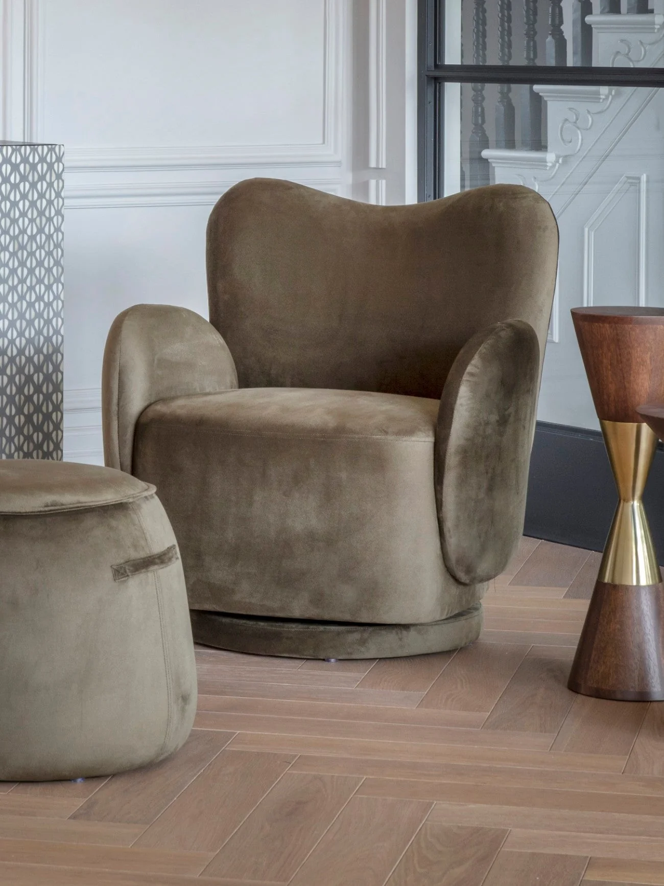 Bingham Upholstered Swivel Chair Velvet Green/ Caramel/ Pink - Image 4