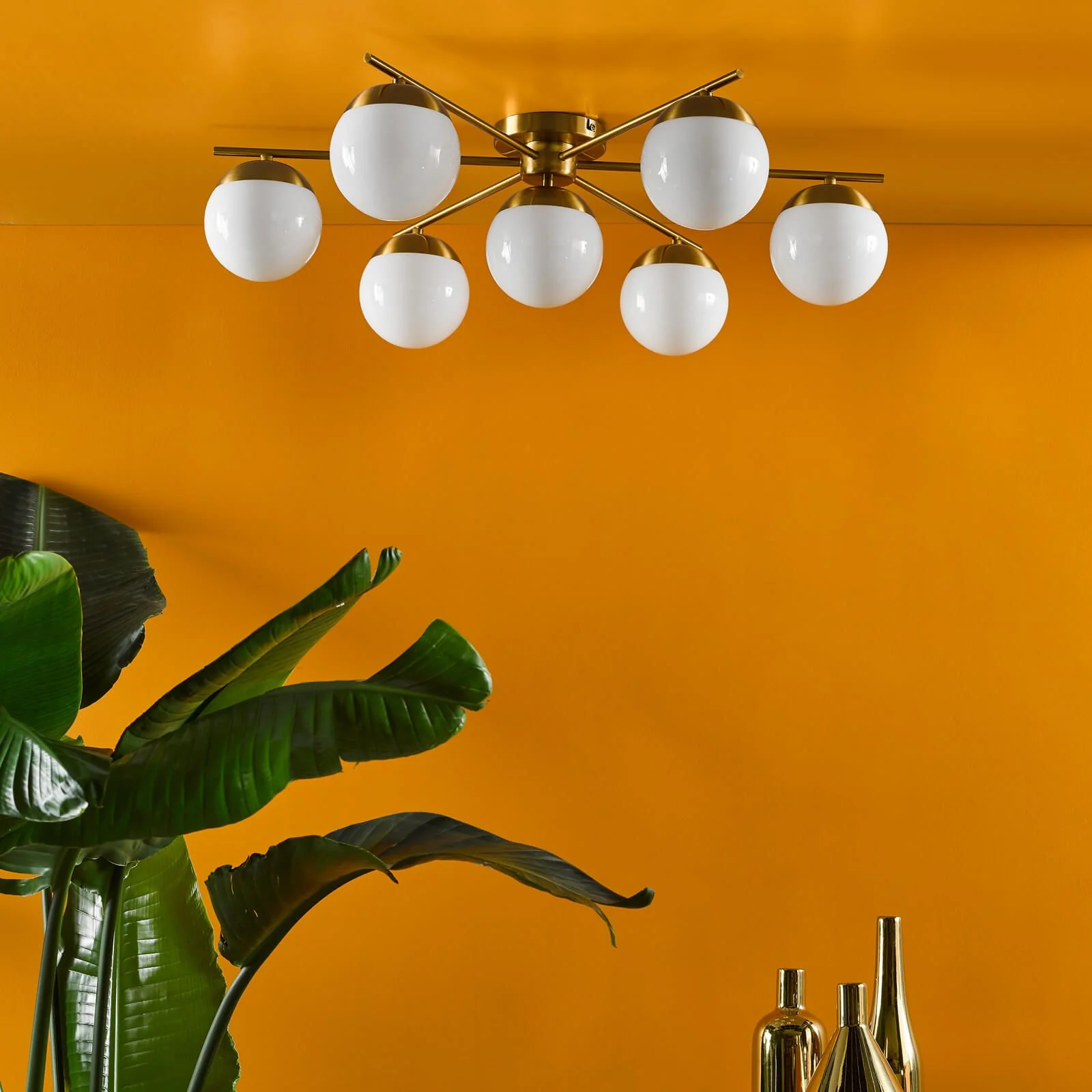 Bombazine 7Lt Semi-Flush Light, Natural Brass & White Opal Glass - Image 6