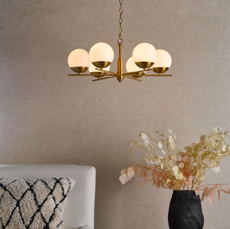 Bombazine 6/8Lt Centre Ceiling Light - Natural Brass & Opal Glass - Image 3