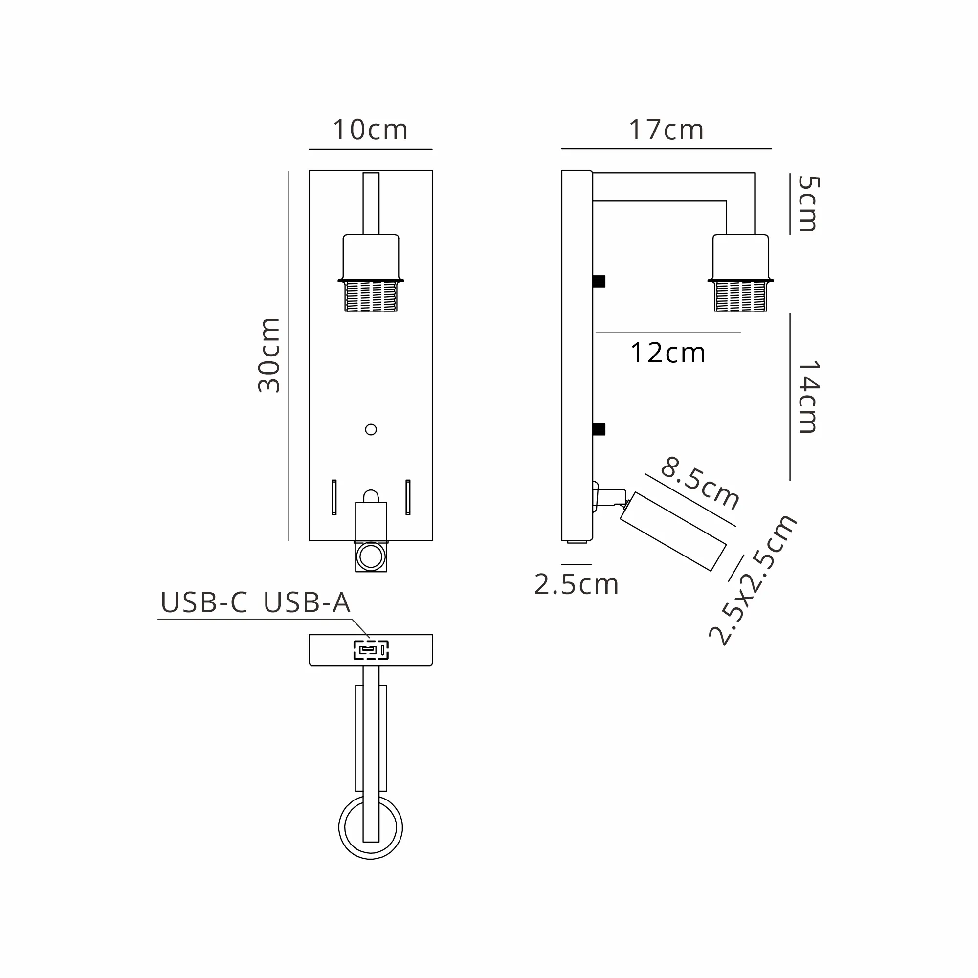 Braxton Wall Lamp (FRAME ONLY) Without Shade, 1 Light E27 + Reading Light USB-A & USB-C 3W LED, 3000K, 270lm - Image 15