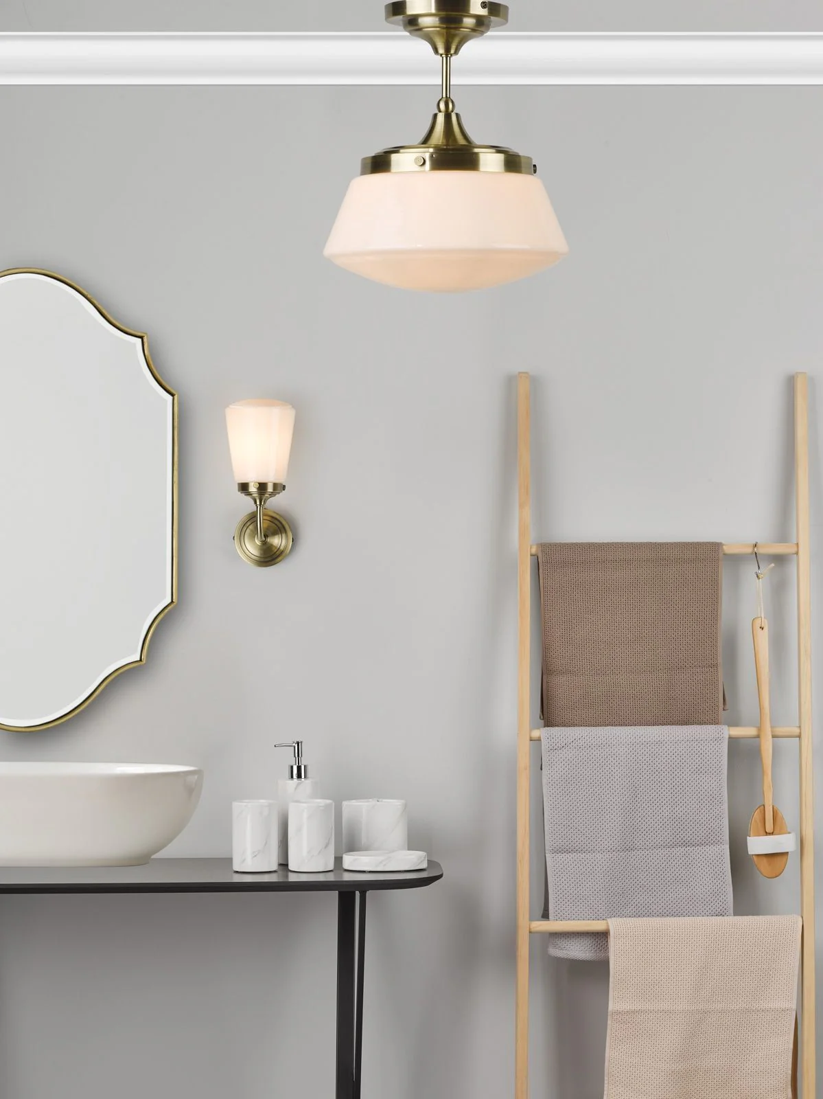 Caden 1 Light Semi Flush Ceiling Light - Polished Chrome/Antique Brass & Opal Glass IP44 - Image 4