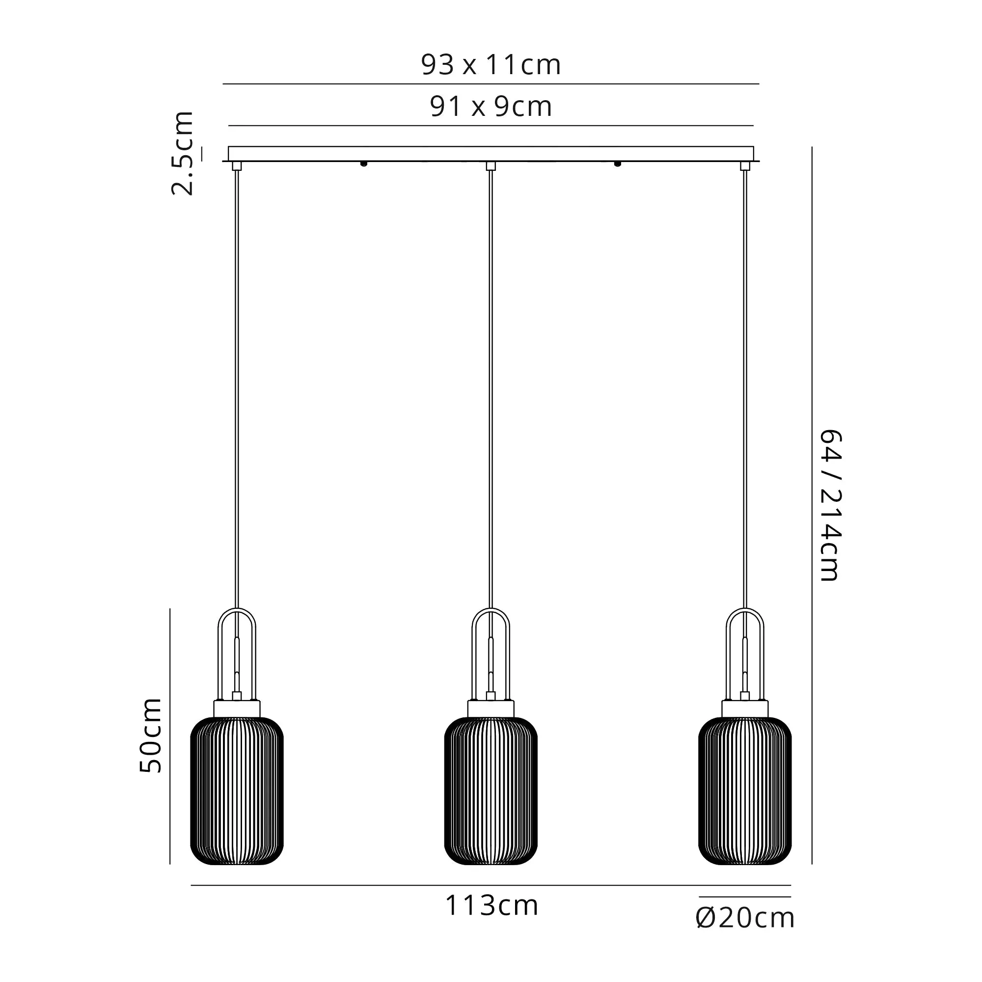 Cadiz 3Lt  Ribbed Linear Island Pendant - Various Colours - Image 2