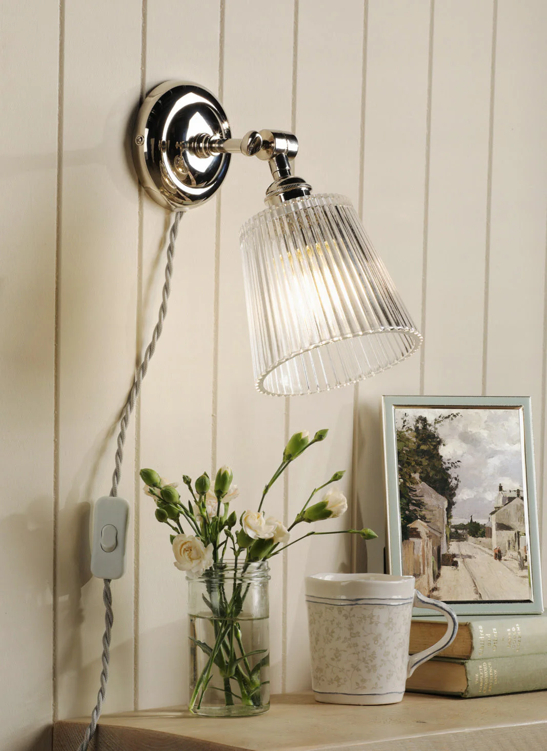 Callaghan Plugged Wall Light Polished Nickel/Antique Brass and Ribbed Glass E14 - Image 3