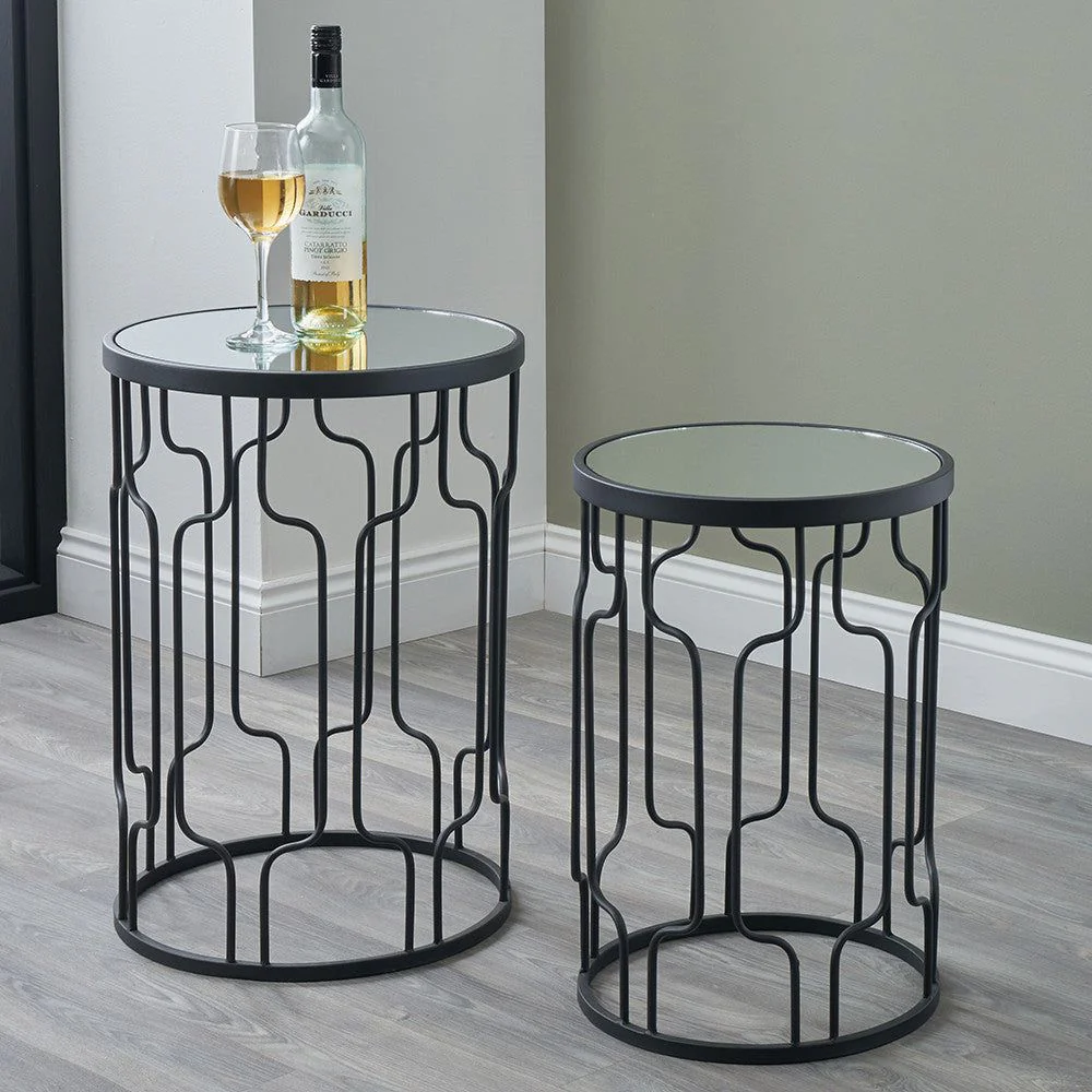 Caprisse Set of 2 Mirrored Glass and Graphite Metal Round Tables - Black Finish - Image 3