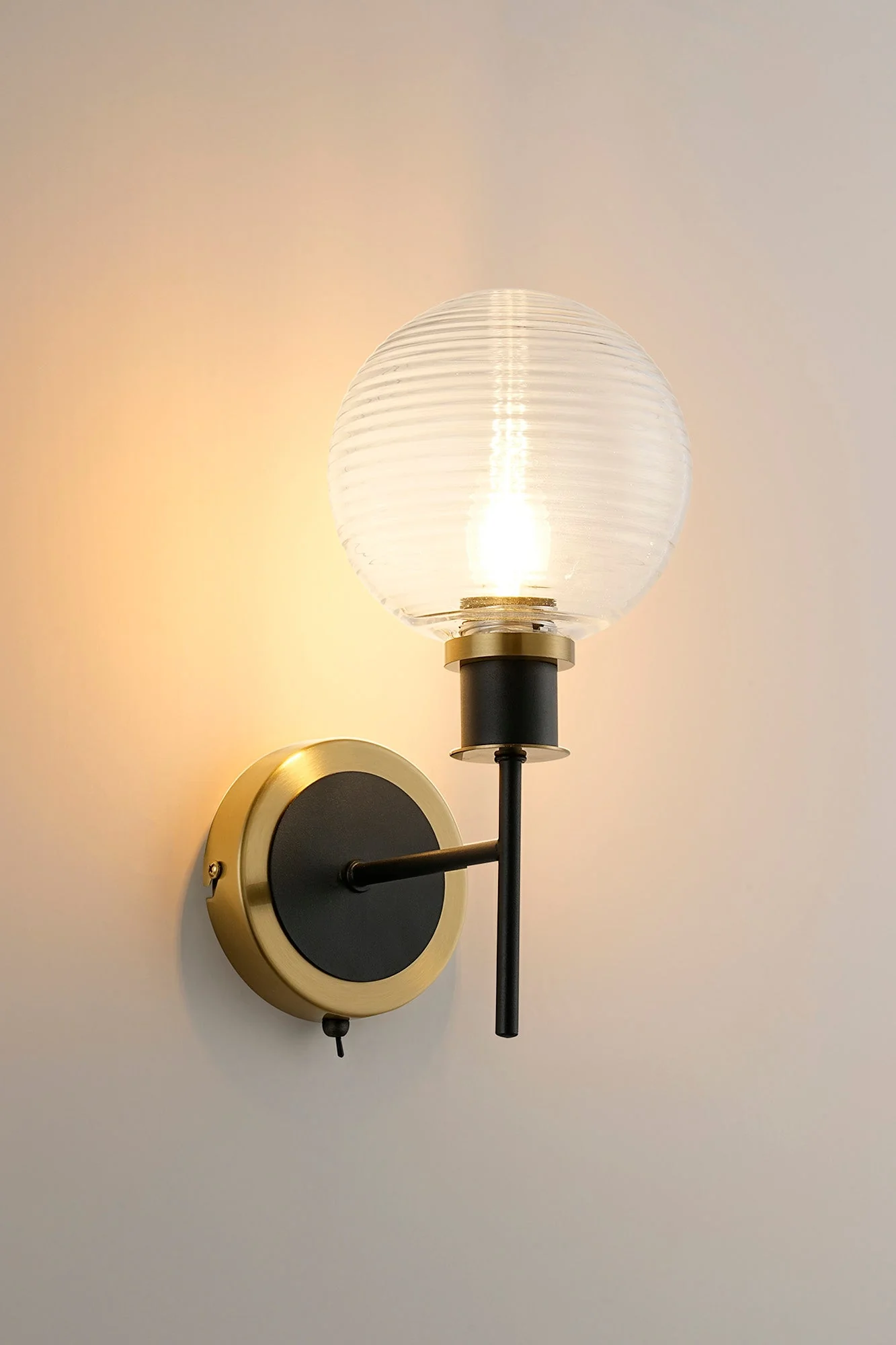 Cassie Switched Wall Light E14 With 15cm Round Glass Shade, Brass/Satin Nickel Finish - Image 6