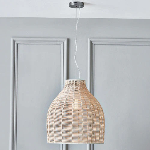 Caswell Natural Rattan Cloche Pendant with Brushed Chrome Ceiling Fitting E27 - Image 4
