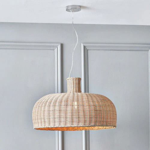 Caswell Natural Rattan Dome Pendant with Brushed Chrome Ceiling Fitting E27 - Image 2