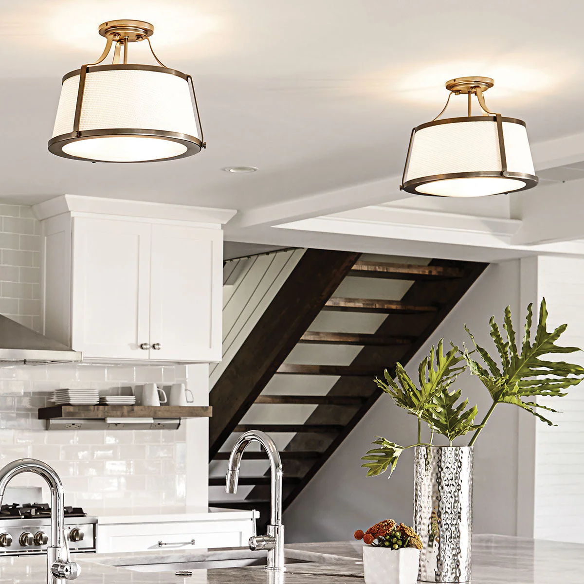 Charlotte 3 Light Semi-Flush - Antique Nickel/Brushed Caramel, Linen Shade - Image 11