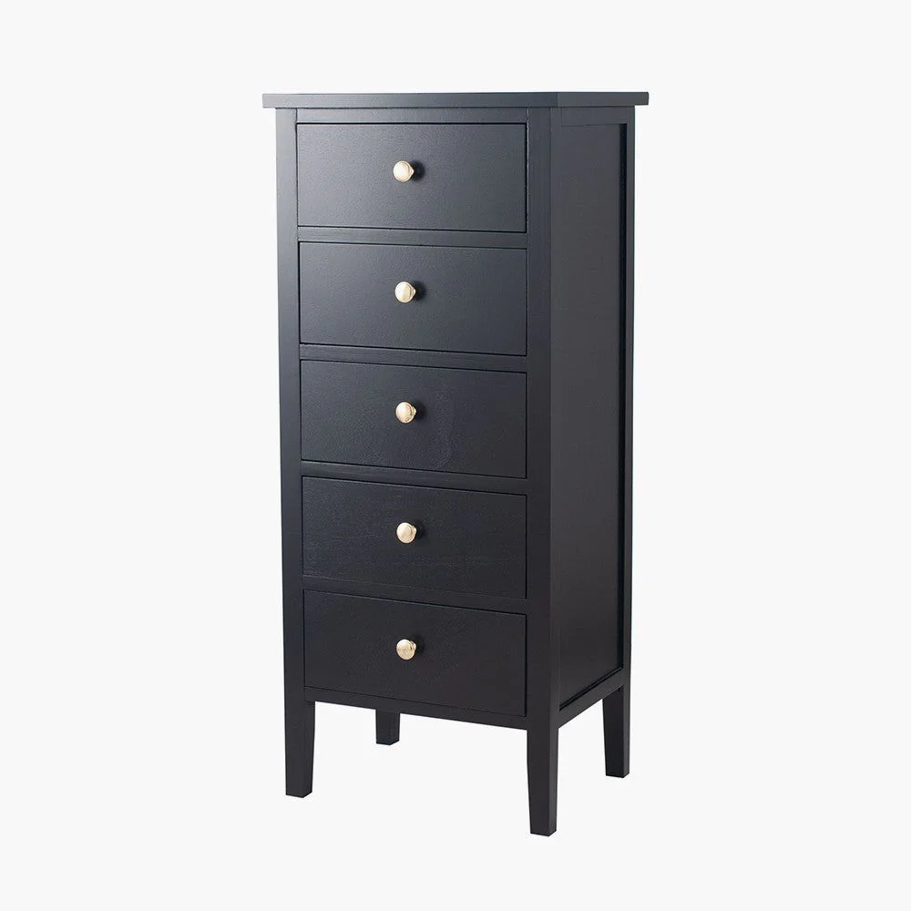 Chelmsford 5 Drawer Tall Boy -  Satin Black Pine Wood Finish - Image 2