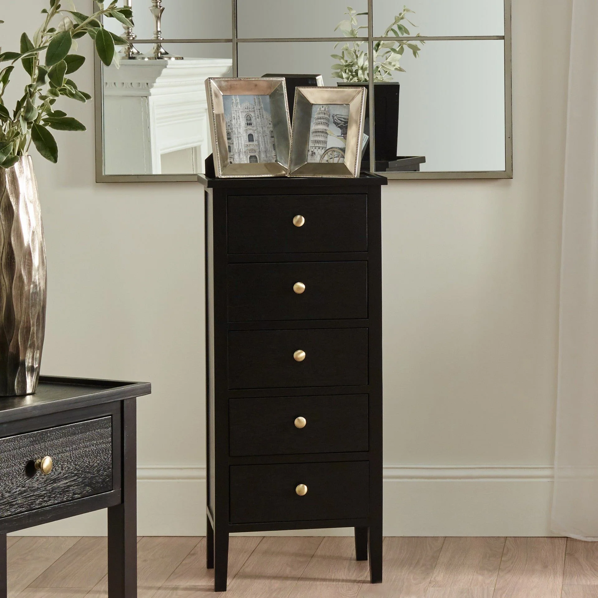 Chelmsford 5 Drawer Tall Boy -  Satin Black Pine Wood Finish - Image 3