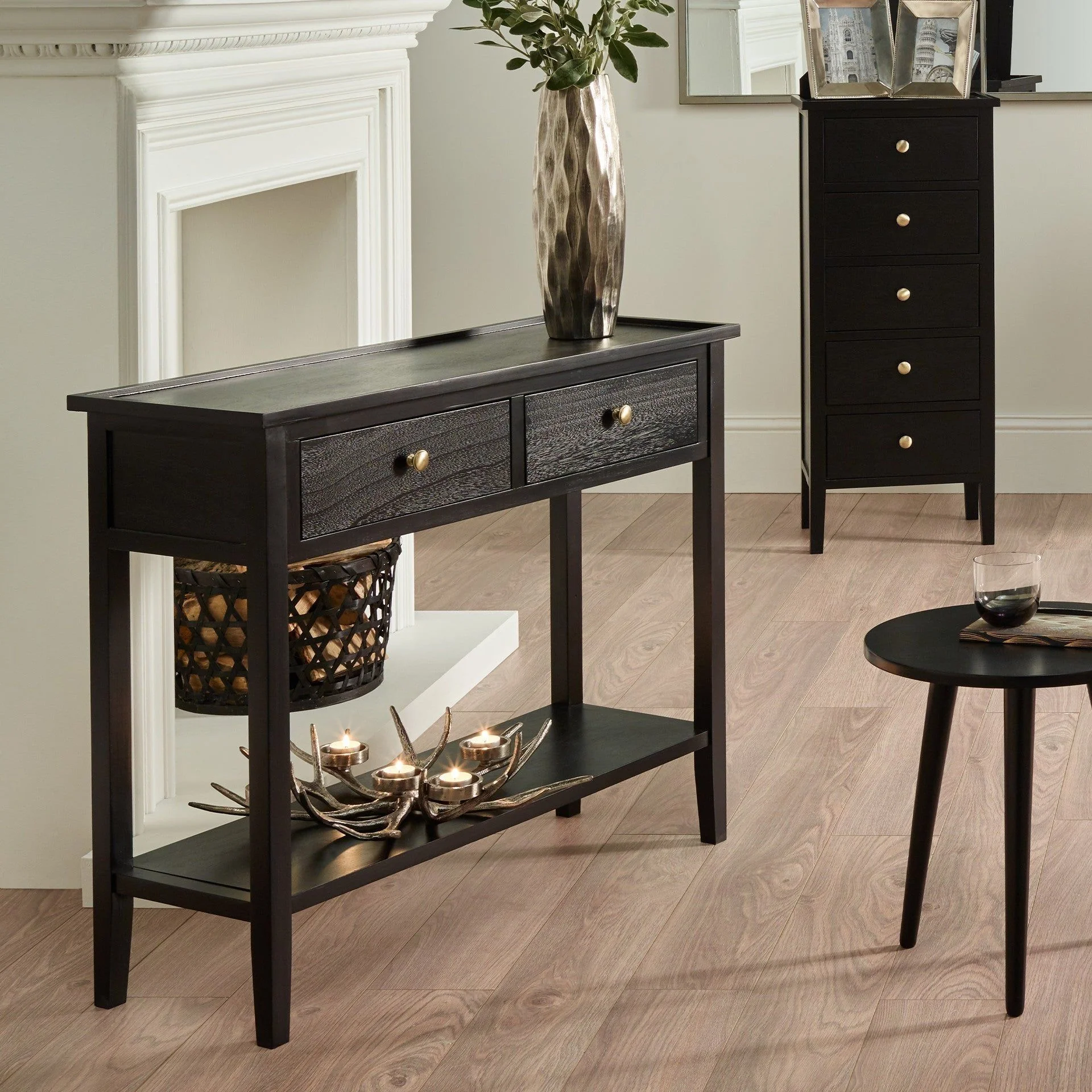 Chelmsford Pine Wood 2 Drawer Console Table - Satin Black - Image 4