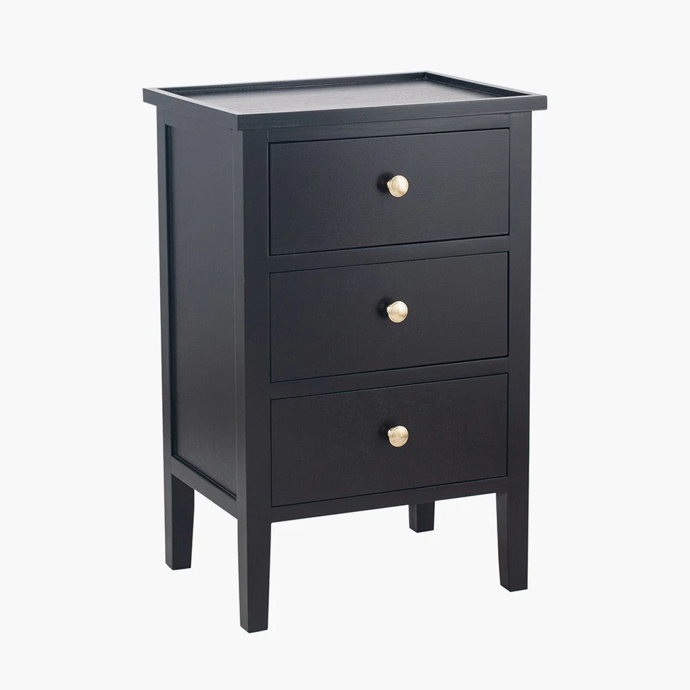 Chelmsford Pine Wood 3 Drawer Bedside Unit- Satin Black Finish - Image 3