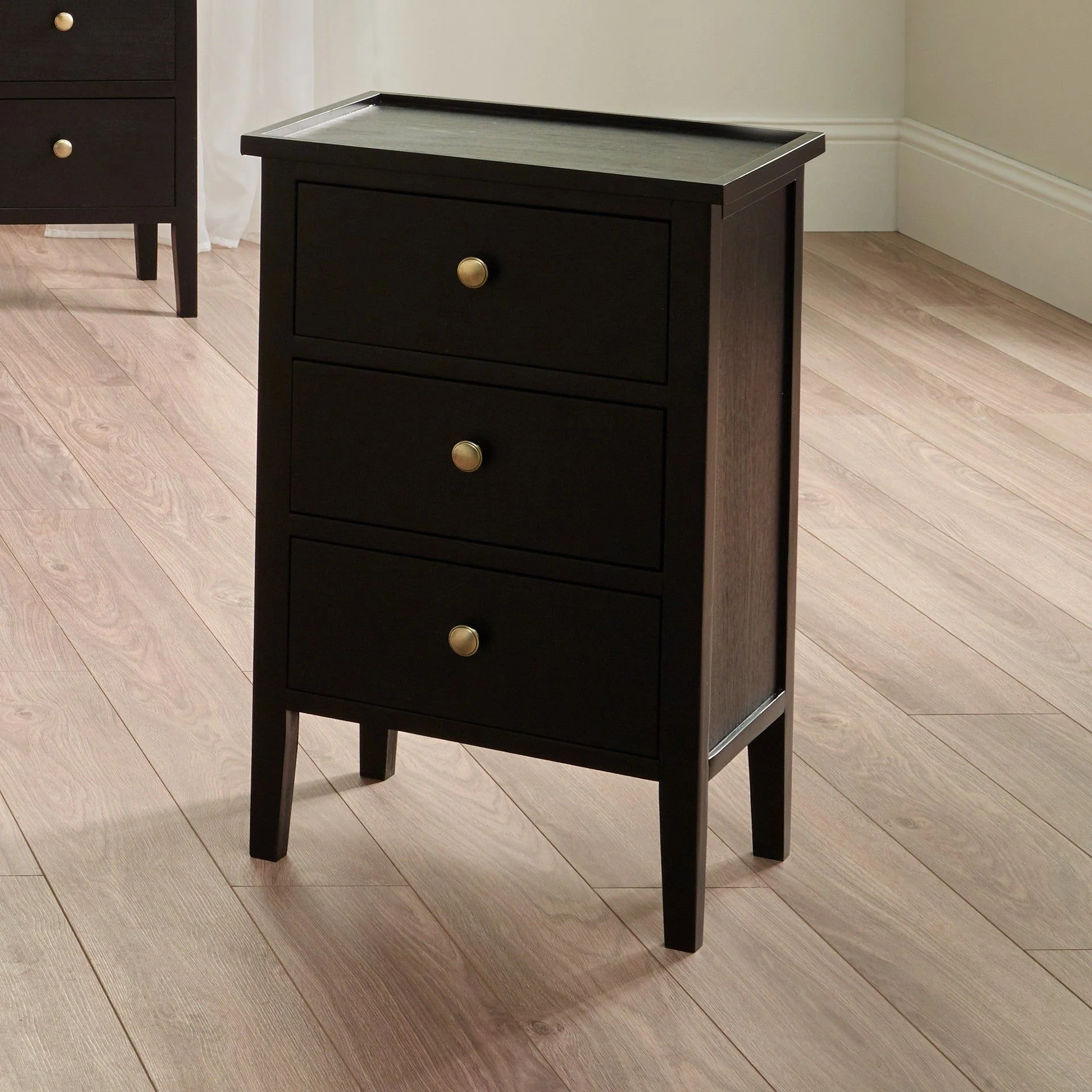 Chelmsford Pine Wood 3 Drawer Bedside Unit- Satin Black Finish - Image 5