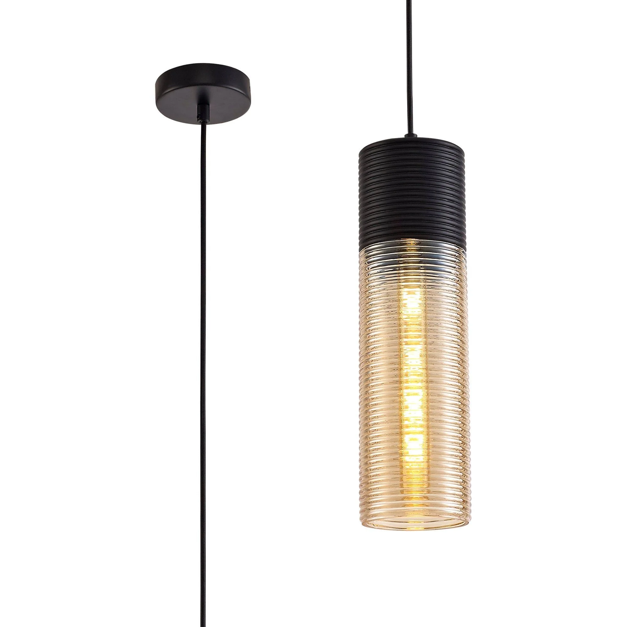 Cinto Single Cone/Tube Pendant 1 Light E27, Black/Amber Glass