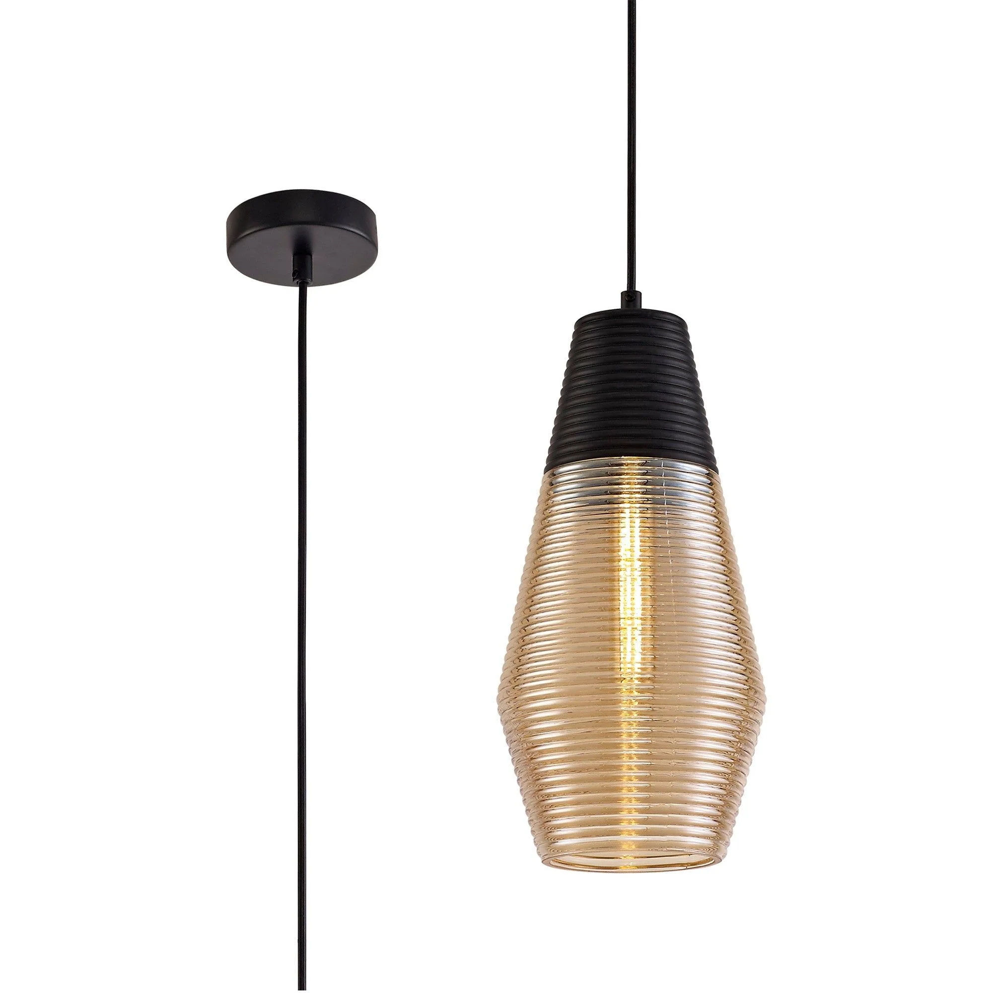Cinto Single Cone/Tube Pendant 1 Light E27, Black/Amber Glass - Image 7