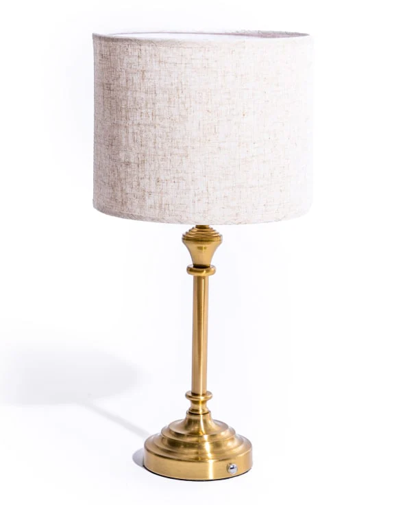 Classic Brass Rechargeable Table Lamp w/ Cylinder Oatmeal Shade