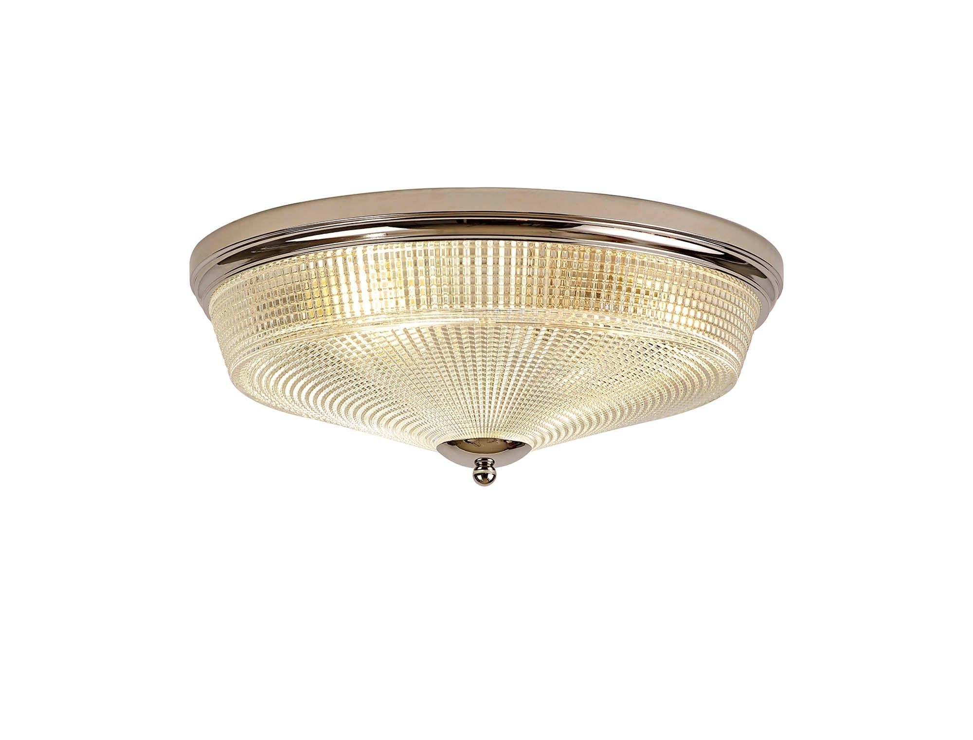 Cleron 2 Light E27 Flush Ceiling Light, Antique Brass, Satin Nickel, Polished Nickel / Prismatic Glass - Image 2